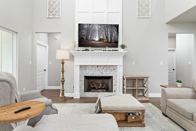 living room featuring a tile fireplace and hardwood / wood-style floors