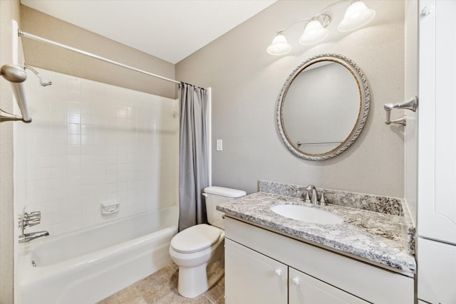 bathroom with toilet, shower / tub combo, tile patterned floors, and vanity