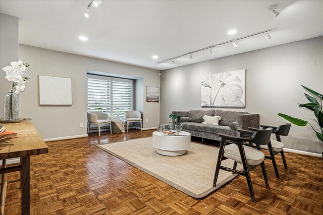 living room with dark parquet floors