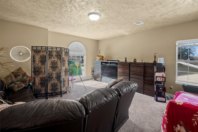 carpeted living room featuring a healthy amount of sunlight and a textured ceiling