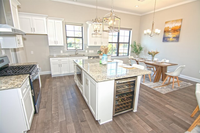 kitchen featuring exhaust hood, white cabinets, pendant lighting, stainless steel appliances, and beverage cooler