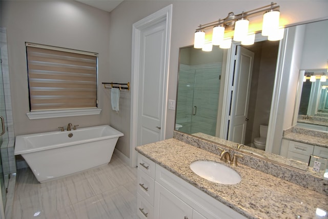 full bathroom featuring vanity, toilet, and plus walk in shower