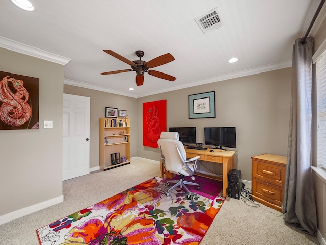 office space with light carpet, ceiling fan, and crown molding