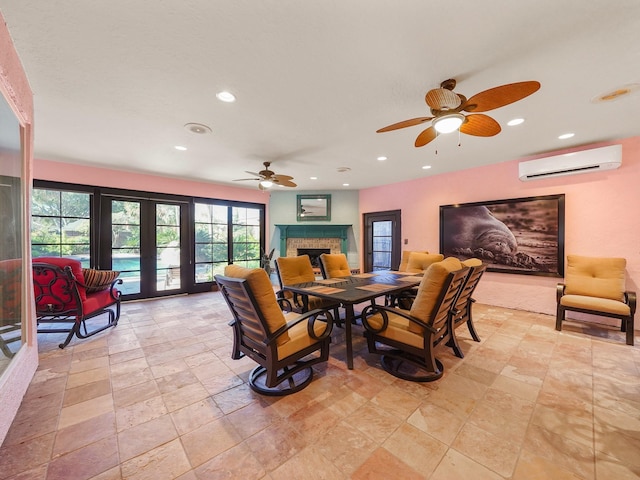 dining area featuring ceiling fan, french doors, and a wall mounted AC