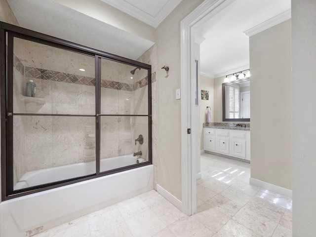 bathroom featuring crown molding, bath / shower combo with glass door, and vanity