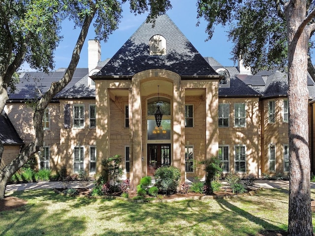 view of front of home featuring a front lawn and solar panels