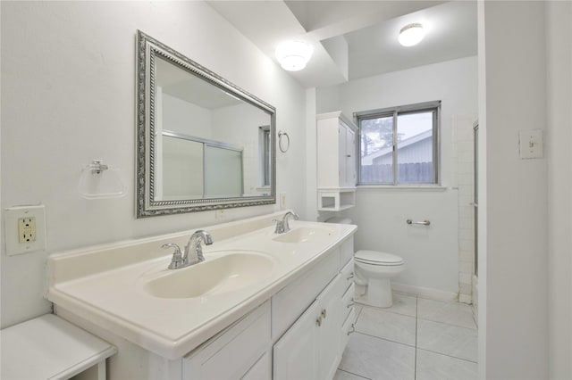 bathroom with toilet, tile patterned flooring, walk in shower, and vanity