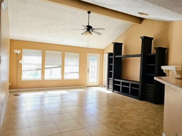 unfurnished living room featuring light tile patterned flooring, lofted ceiling with beams, and ceiling fan