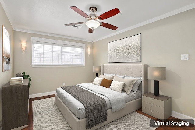 bedroom with ceiling fan, light hardwood / wood-style flooring, crown molding, and multiple windows