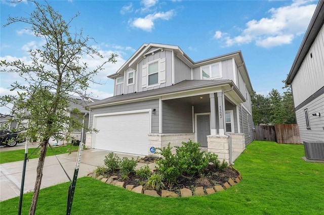 craftsman-style house featuring a garage, central air condition unit, and a front lawn