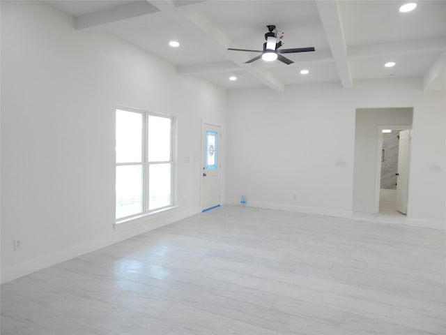 unfurnished room with baseboards, coffered ceiling, beamed ceiling, and recessed lighting