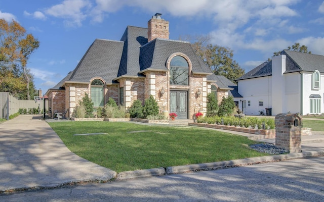 french country home with a front lawn