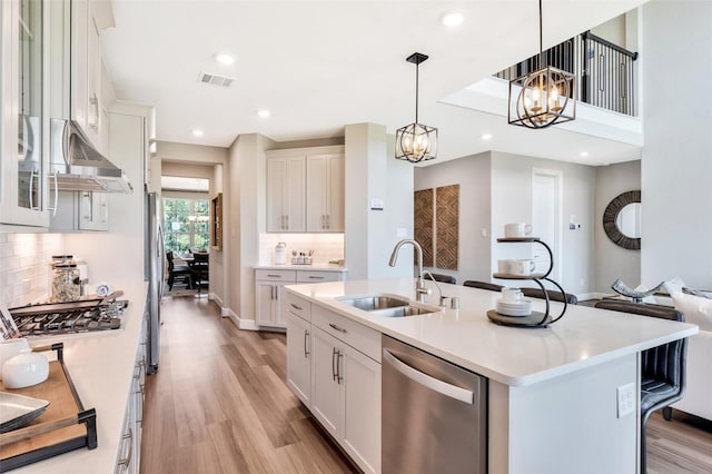 kitchen with sink, white cabinets, stainless steel appliances, and a kitchen island with sink