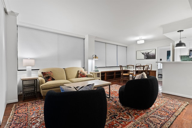 living room with wood-type flooring and crown molding