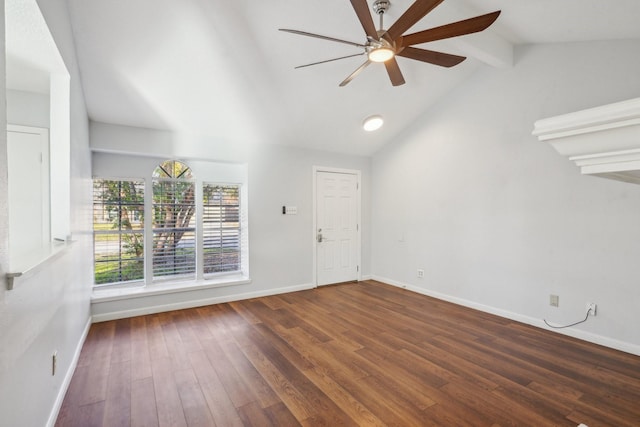 interior space featuring ceiling fan, vaulted ceiling with beams, and dark hardwood / wood-style floors