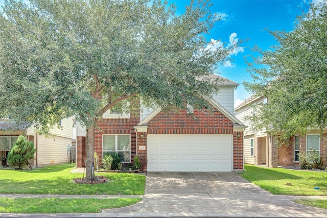 view of property hidden behind natural elements with a garage and a front yard