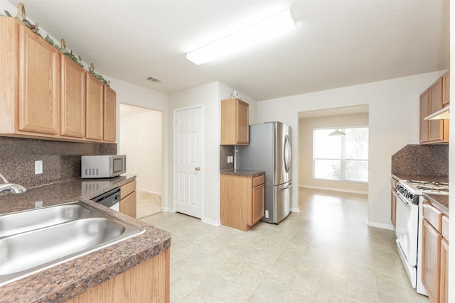 kitchen featuring decorative backsplash, sink, and white appliances