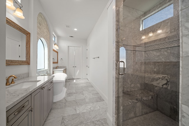 bathroom with vanity, plenty of natural light, and independent shower and bath