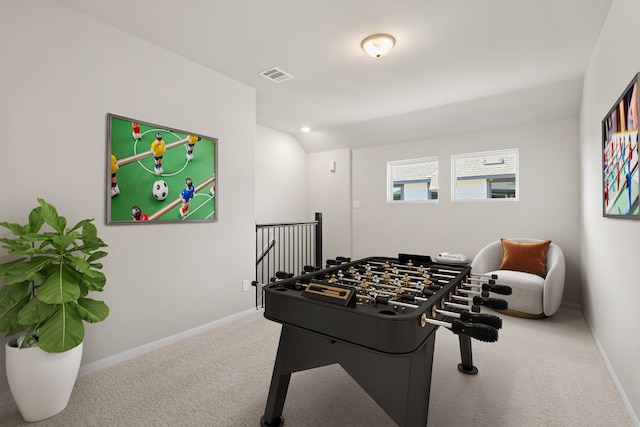 game room featuring carpet floors and lofted ceiling