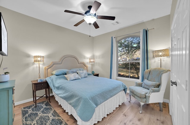 bedroom featuring hardwood / wood-style flooring, a closet, and ceiling fan