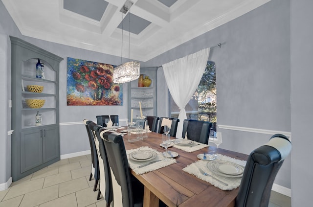 dining room featuring built in features, ornamental molding, coffered ceiling, light tile patterned floors, and beam ceiling