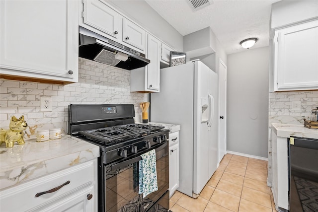 kitchen with white cabinets, white refrigerator with ice dispenser, tasteful backsplash, black gas range, and light tile patterned floors