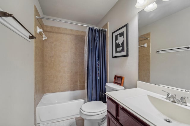 full bathroom with toilet, vanity, and shower / bath combination with curtain