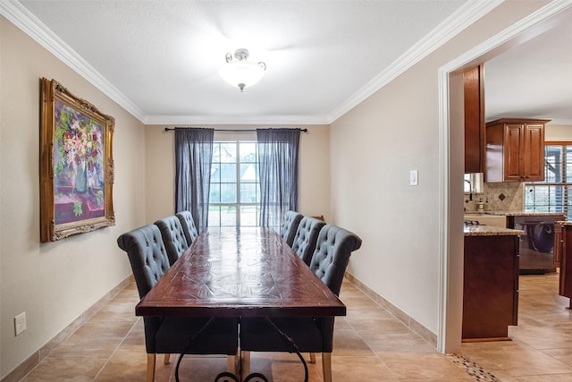 tiled dining area with ornamental molding