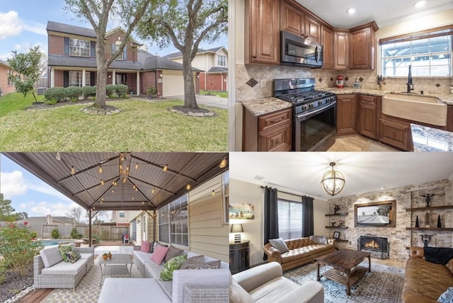 kitchen featuring sink, an outdoor stone fireplace, appliances with stainless steel finishes, light stone countertops, and decorative backsplash