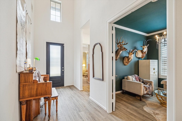 foyer featuring light hardwood / wood-style floors and crown molding