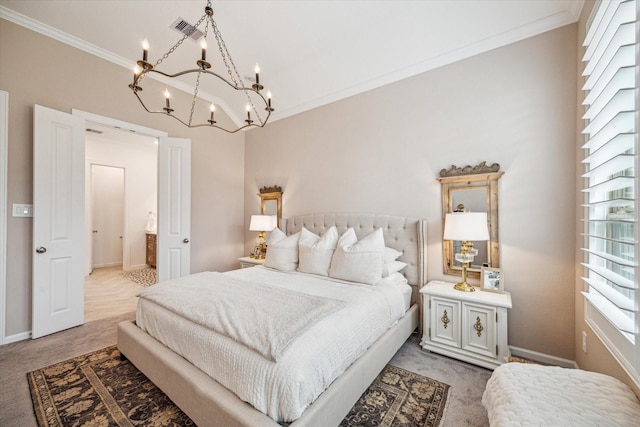 carpeted bedroom with ornamental molding