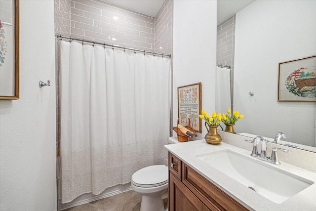 full bathroom with toilet, shower / bathtub combination with curtain, and vanity