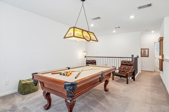 rec room with billiards and carpet