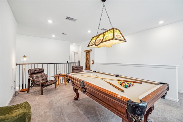 rec room with light colored carpet and pool table