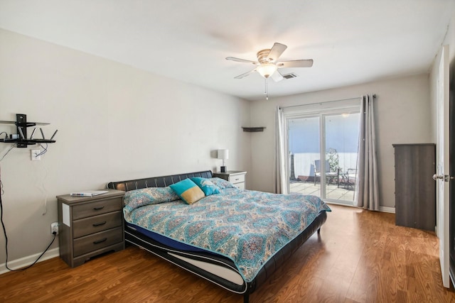 bedroom with ceiling fan, access to exterior, and wood-type flooring