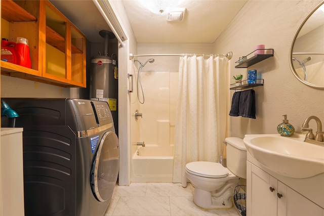 full bathroom featuring shower / tub combo, vanity, gas water heater, washer / dryer, and toilet