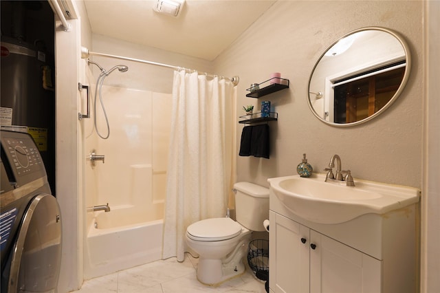 full bathroom with toilet, washer / dryer, vanity, shower / bathtub combination with curtain, and water heater