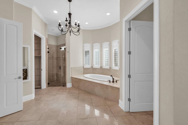 bathroom with tile patterned flooring, ornamental molding, a chandelier, and plus walk in shower