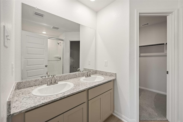 bathroom with walk in shower and vanity