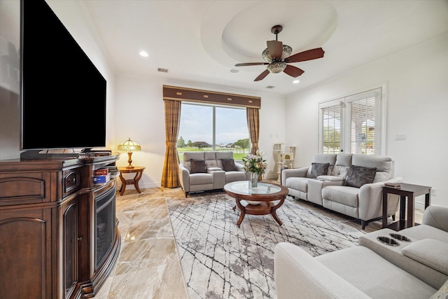 living room with ceiling fan