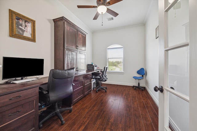 office with dark hardwood / wood-style floors, ceiling fan, and ornamental molding