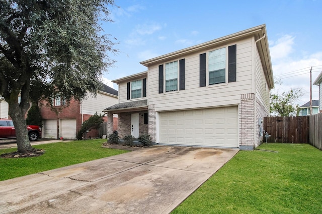 view of front property featuring a garage and a front lawn