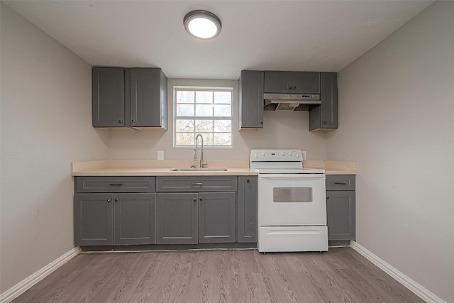 kitchen featuring sink, gray cabinets, electric range, and light hardwood / wood-style flooring