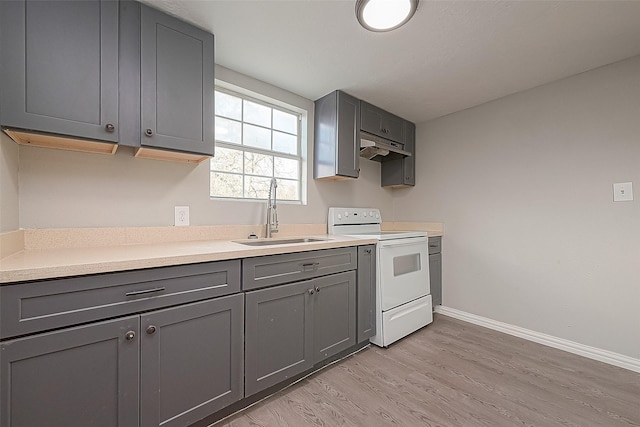 kitchen with sink, gray cabinets, light wood-type flooring, and electric stove