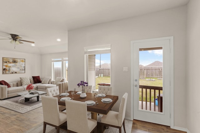 dining area with hardwood / wood-style flooring and ceiling fan