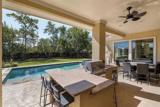 exterior space featuring a fenced backyard, a patio, grilling area, and area for grilling