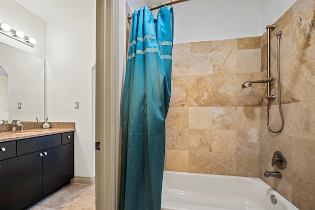 full bathroom with shower / bath combination with curtain and vanity