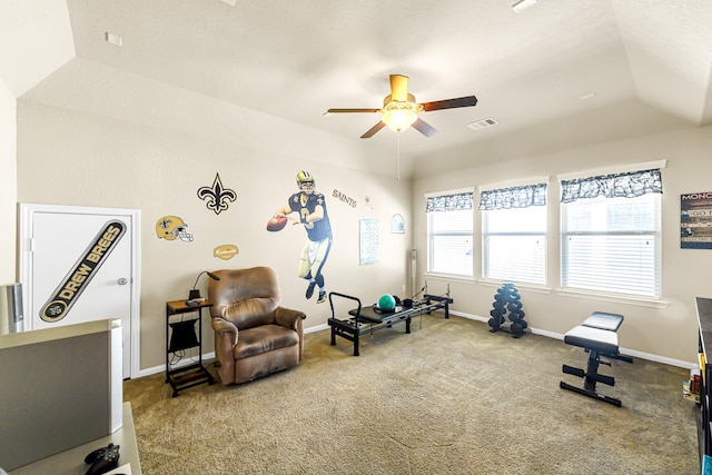 workout room with carpet flooring, ceiling fan, and a raised ceiling