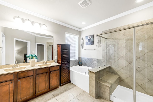 bathroom with independent shower and bath, vanity, crown molding, and tile patterned flooring