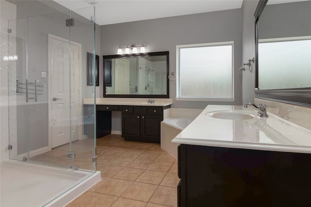 bathroom with tile patterned floors, vanity, and plus walk in shower